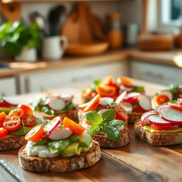 Um display de diversas torradas saudáveis com diferentes coberturas.