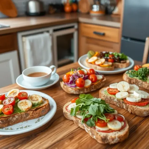 Configuração de cozinha com diversas opções de torradas saudáveis.