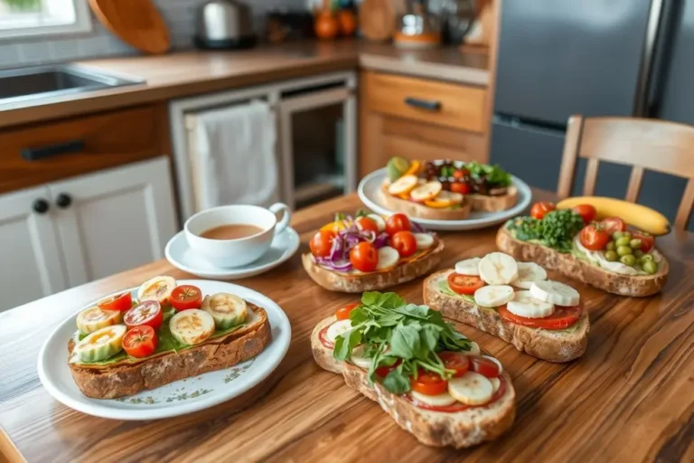 Configuração de cozinha com diversas opções de torradas saudáveis.
