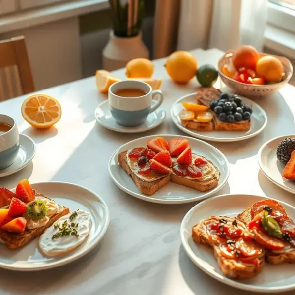 Mesa de café da manhã com opções saudáveis de torradas.