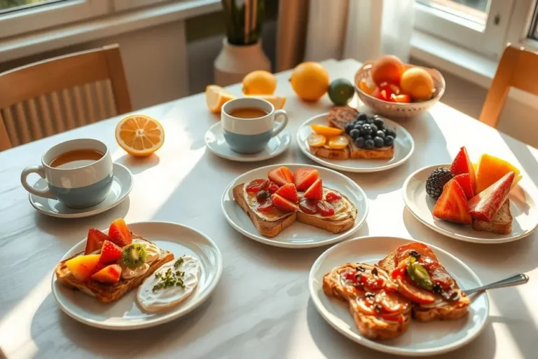 Mesa de café da manhã com opções saudáveis de torradas.
