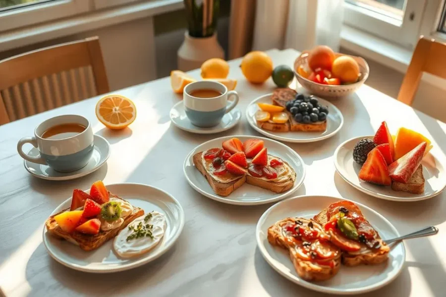 Mesa de café da manhã com opções saudáveis de torradas.