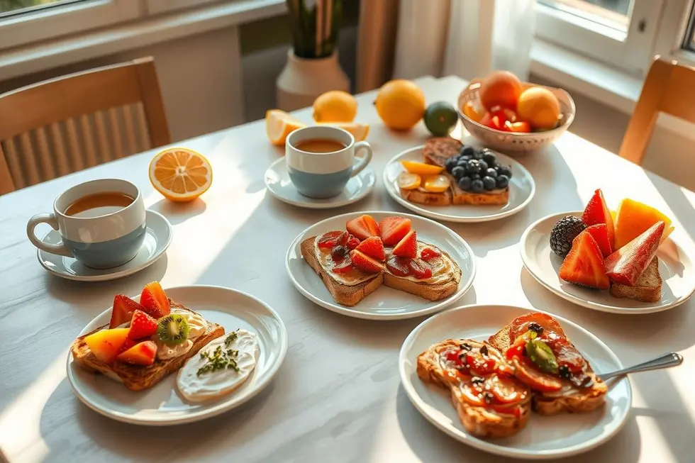Torradas Saudáveis: 7 Receitas Práticas Que Vão Colorir Seu Café da Manhã 8 Mesa de café da manhã com opções saudáveis de torradas.