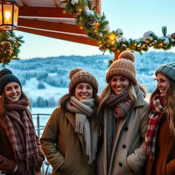 Mulheres se divertindo em um festival no ambiente aconchegante do interior paulista durante o inverno.