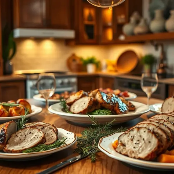 Mesa de jantar com pratos de filé mignon suíno prontos para serem apreciados.