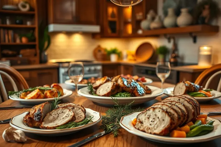 Mesa de jantar com pratos de filé mignon suíno prontos para serem apreciados.