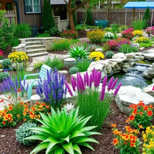 Jardim sensorial convidativo repleto de plantas coloridas.