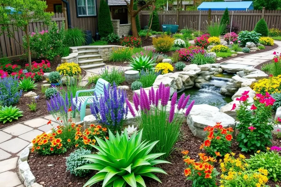 Jardim sensorial convidativo repleto de plantas coloridas.