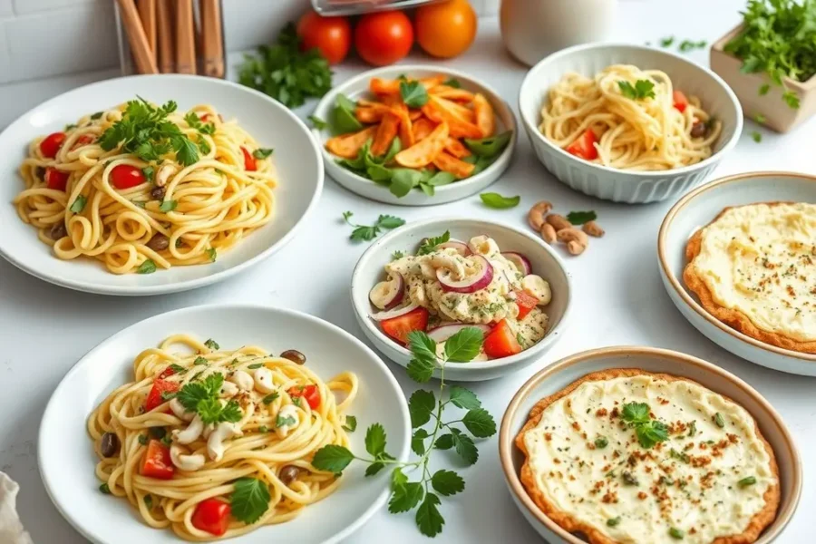 Ambiente de cozinha com pratos de requeijão de caju.