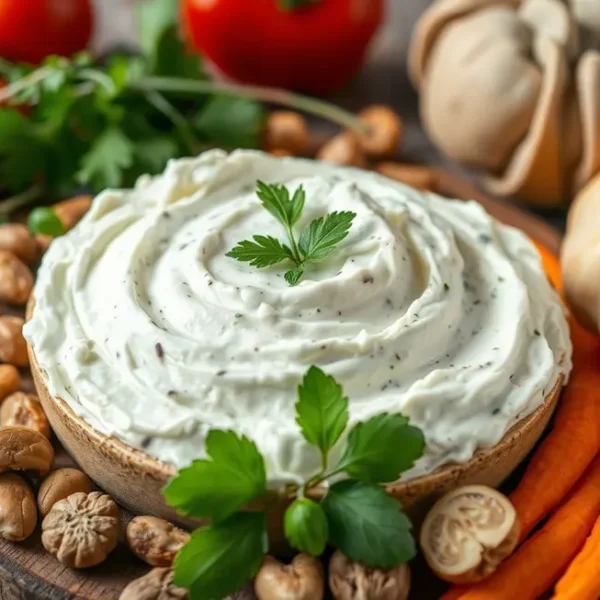 Imagem de requeijão de caju em um ambiente rústico, rodeado por ervas e vegetais frescos.