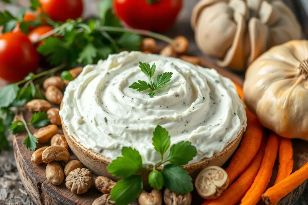 Descubra 7 Formas Criativas de Incluir o Requeijão de Caju em Receitas Veganas 8 Imagem de requeijão de caju em um ambiente rústico, rodeado por ervas e vegetais frescos.