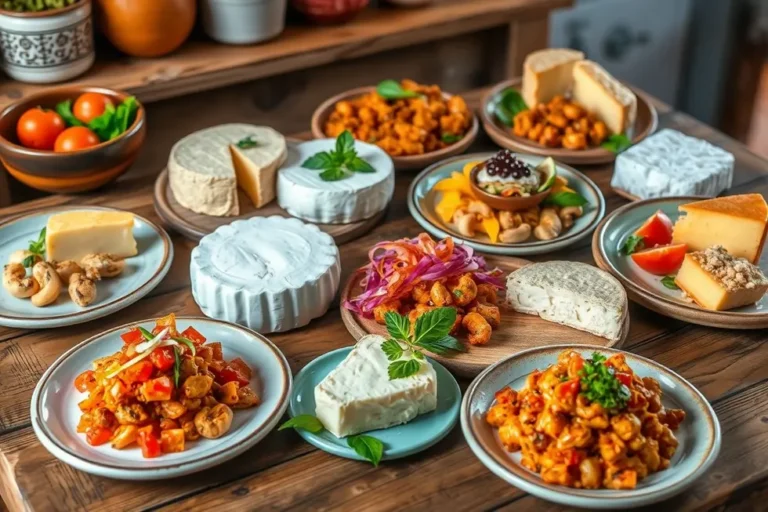 Pratos variados com requeijão de caju em uma mesa.
