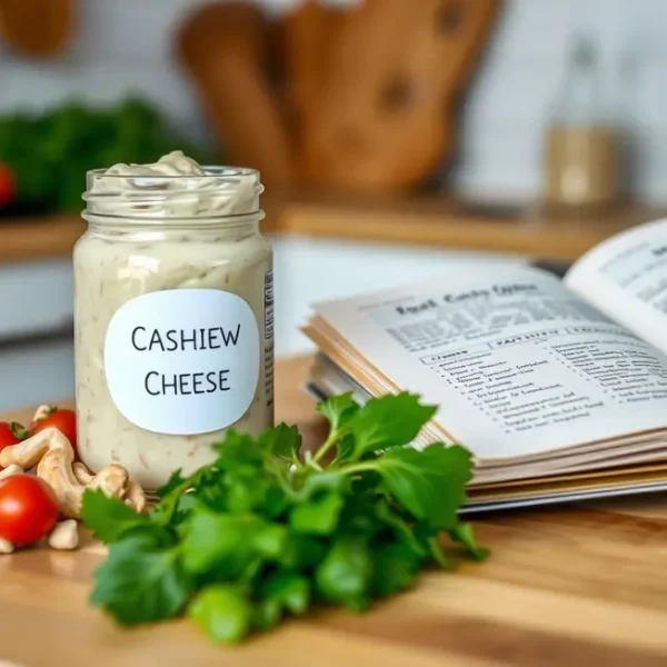 Cozy kitchen setting with a jar of cashew cheese and fresh ingredients.