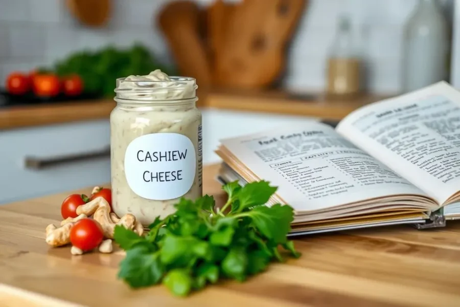 Cozy kitchen setting with a jar of cashew cheese and fresh ingredients.
