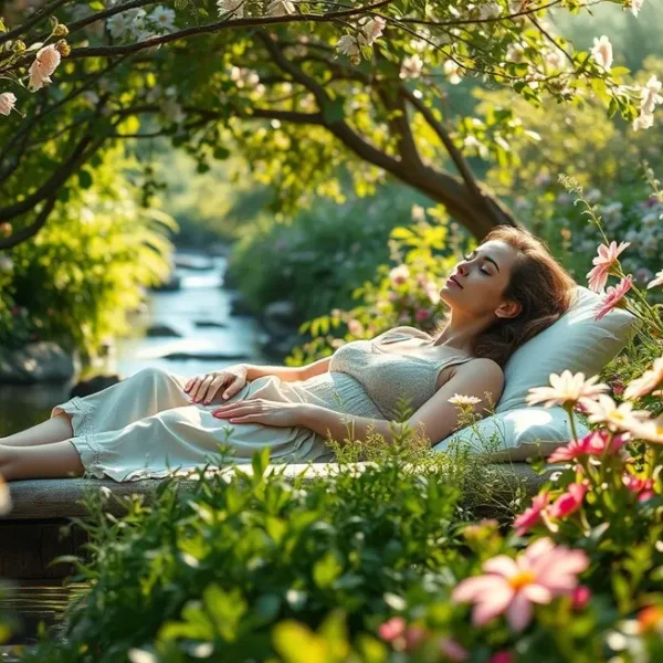 Mulher relaxando em um jardim sereno.