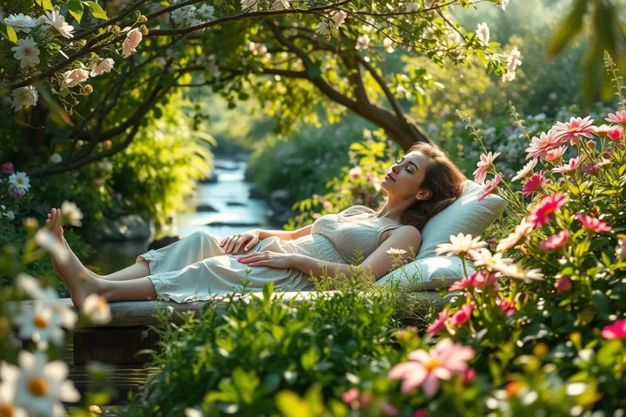 Mulher relaxando em um jardim sereno.