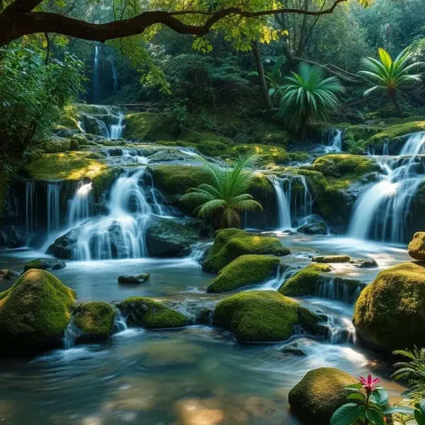 Uma bela paisagem de cascatas exóticas em ambiente natural.