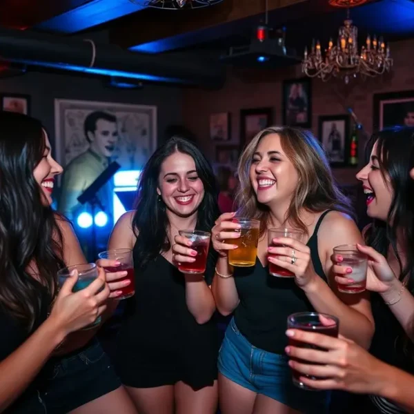Grupo de mulheres se divertindo em um bar de rock, celebrado com música ao vivo.