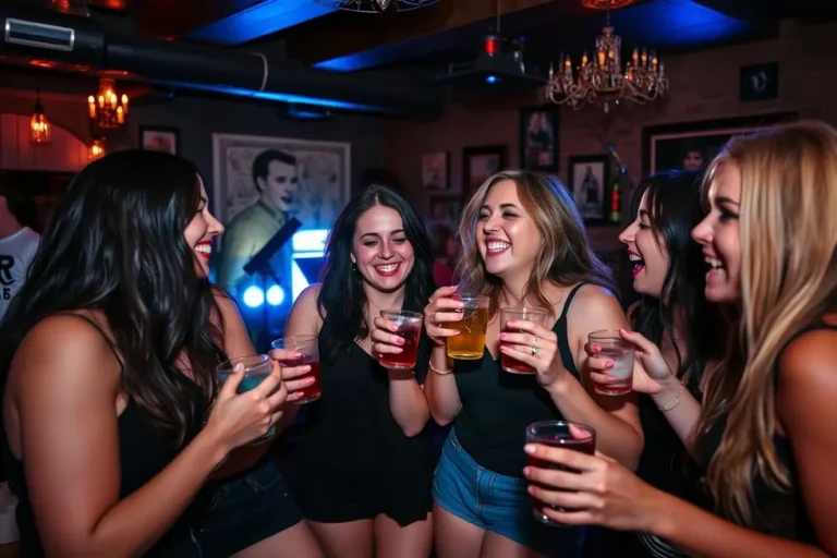 Grupo de mulheres se divertindo em um bar de rock, celebrado com música ao vivo.