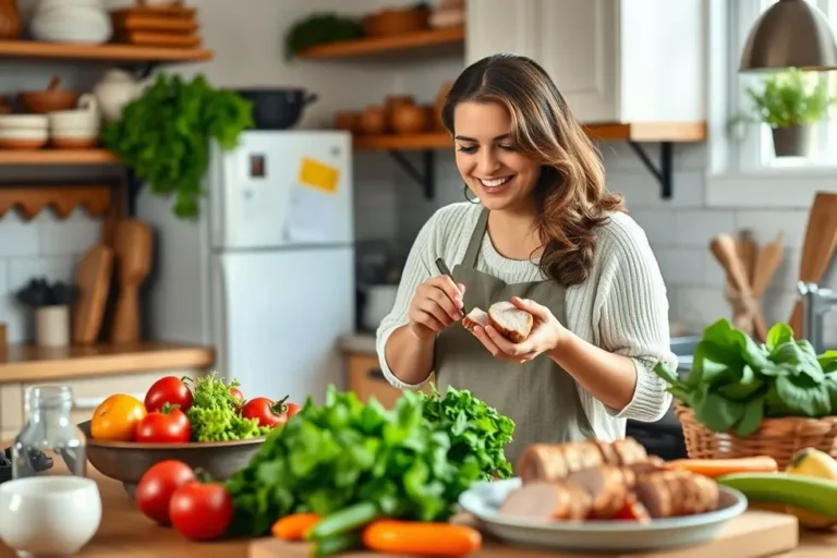Cozinha iluminada com uma mulher cozinhando filé mignon suíno.