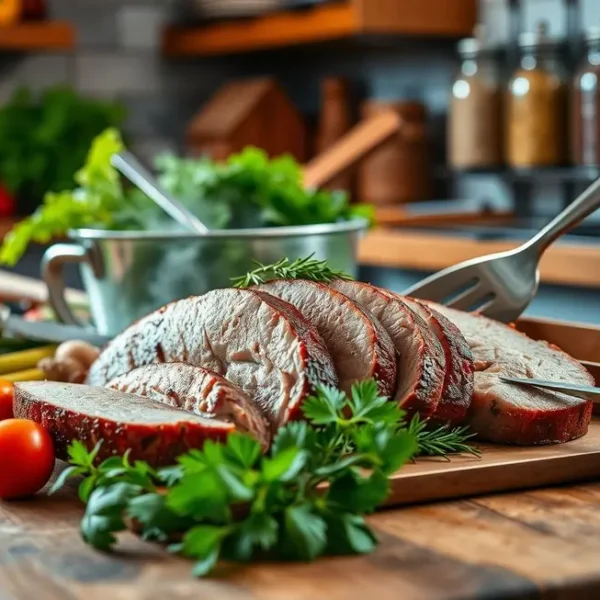 Um ambiente de cozinha que destaca a preparação do filé mignon suíno.
