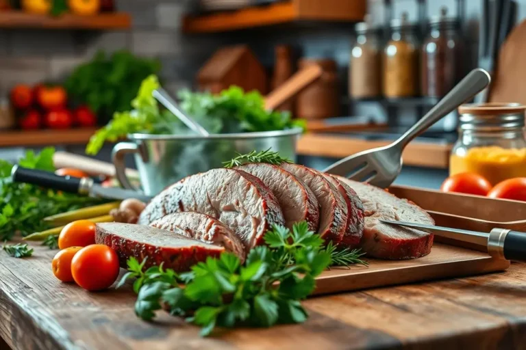 Um ambiente de cozinha que destaca a preparação do filé mignon suíno.