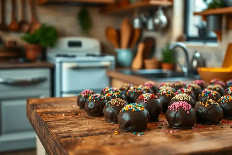 Cozinha aconchegante com brigadeiros acabados de fazer.