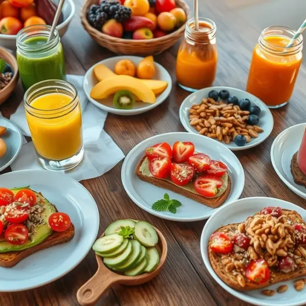 Café da manhã colorido com torradas e frutas.