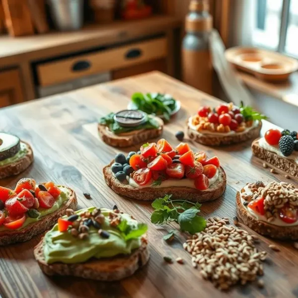 Cenário com uma mesa de café da manhã repleta de torradas saudáveis e frutas frescas.