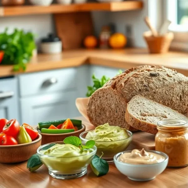 Cenário de cozinha alegre com ingredientes saudáveis.