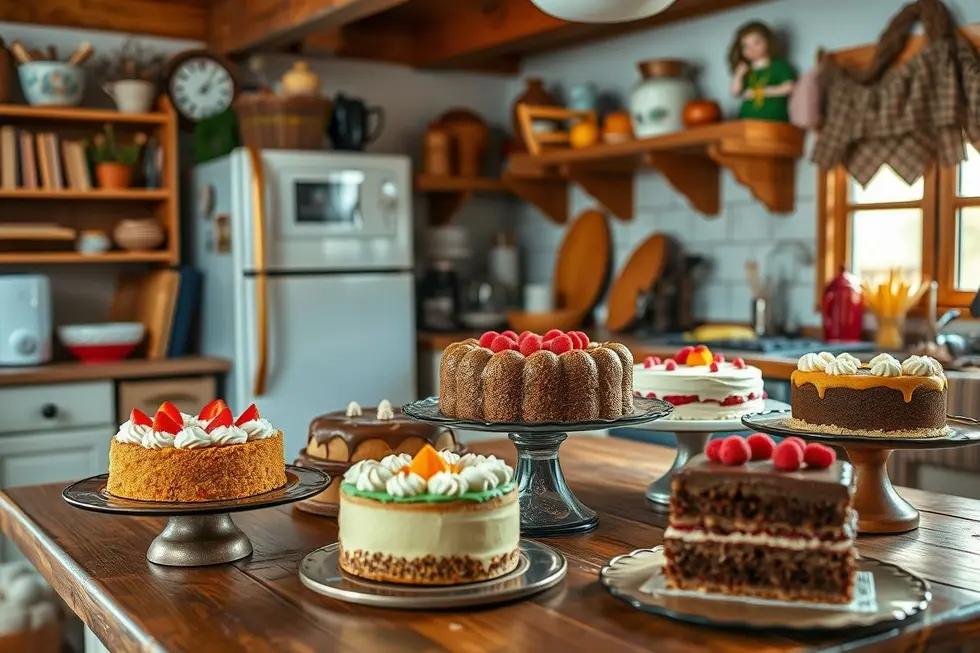 10 Receitas de Bolo Irresistíveis para Momentos Especiais em Família 8 Cozinha confortável com vários bolos prontos para serem saboreados.
