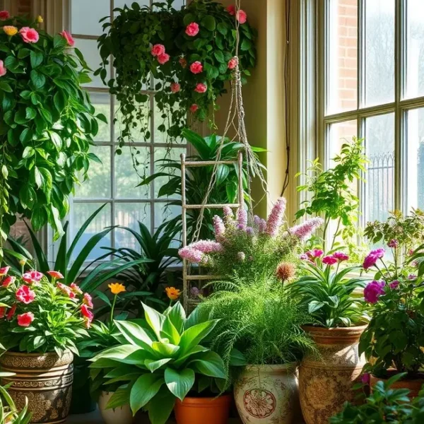 Jardim vibrante com plantas adequadas para ambientes domésticos.