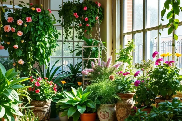 Jardim vibrante com plantas adequadas para ambientes domésticos.
