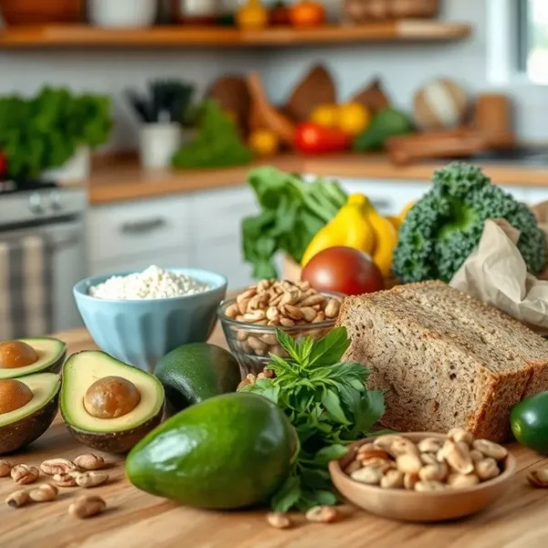 Cozinha com ingredientes saudáveis para preparar torradas nutritivas.