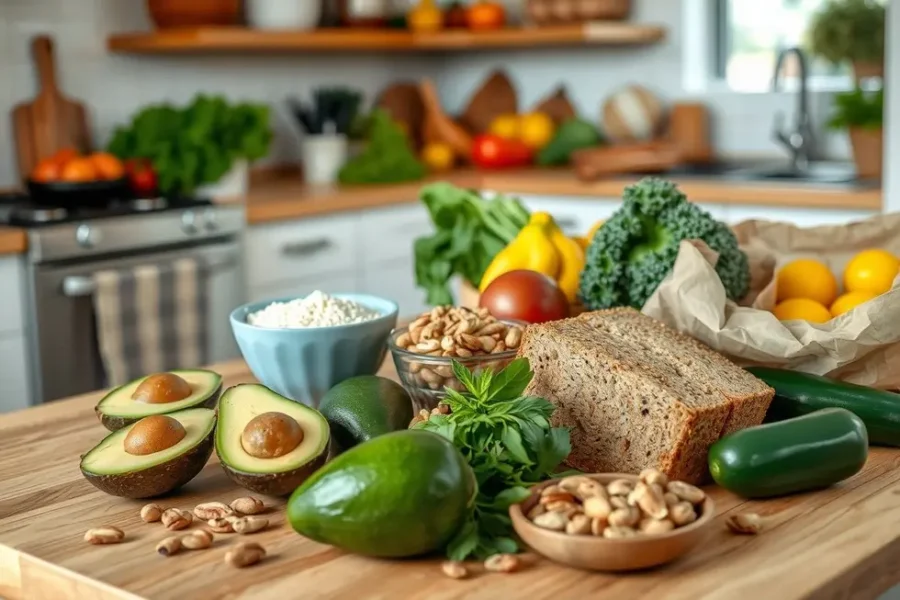 Cozinha com ingredientes saudáveis para preparar torradas nutritivas.