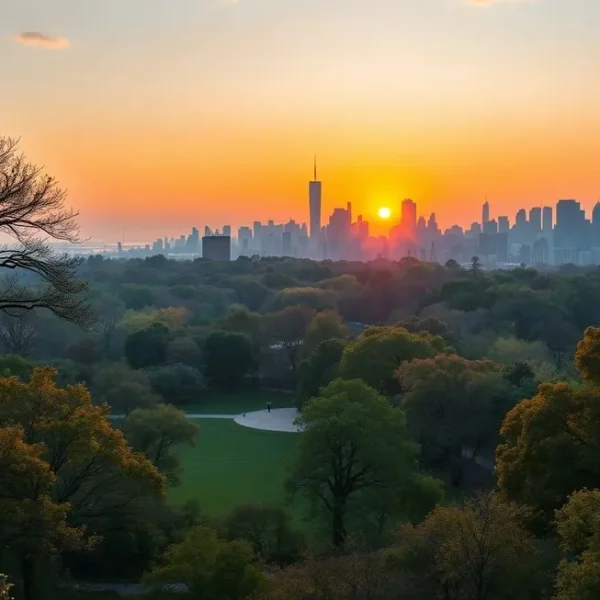 Vista panorâmica de Central Park ao amanhecer com a paisagem urbana de Nova York ao fundo.