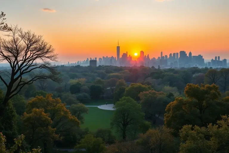 Vista panorâmica de Central Park ao amanhecer com a paisagem urbana de Nova York ao fundo.