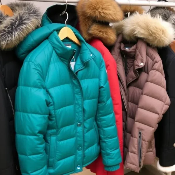 Variedade de jaquetas de frio na vitrine, adequadas para mulheres.