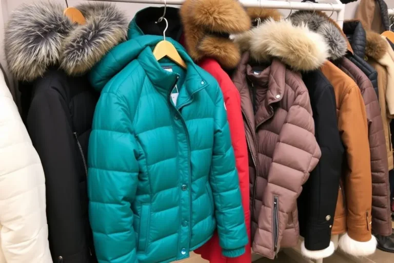 Variedade de jaquetas de frio na vitrine, adequadas para mulheres.