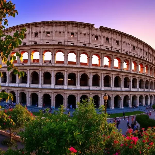 Coliseu ao pôr do sol com pessoas ao redor.