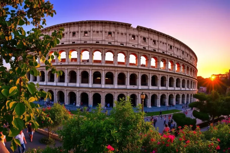 Coliseu ao pôr do sol com pessoas ao redor.