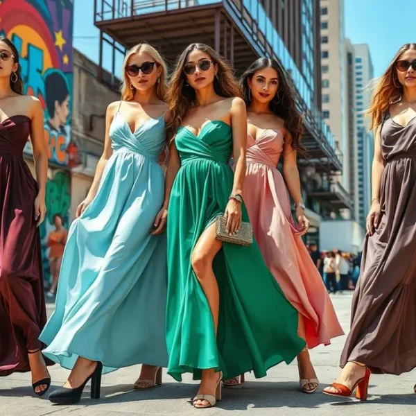 Colagem de mulheres usando vestidos longos e calçados em diferentes estilos.