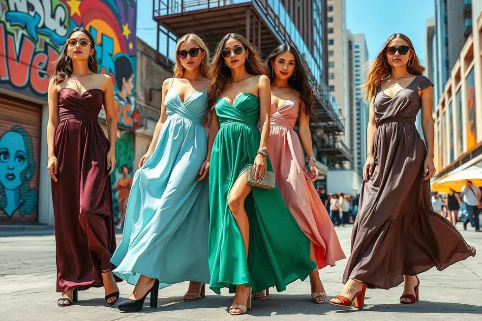 8 Dicas Incríveis para Usar Vestidos Longos em Qualquer Ocasião 8 Colagem de mulheres usando vestidos longos e calçados em diferentes estilos.