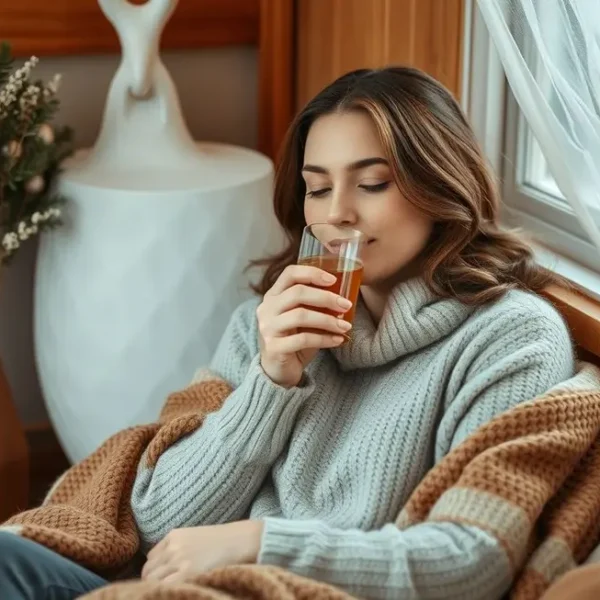 Mulher relaxando com uma xícara de chá em um ambiente acolhedor.