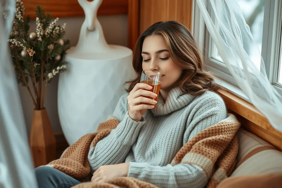 7 Remédios Naturais para Aliviar Dores Abdominais em Mulheres 8 Mulher relaxando com uma xícara de chá em um ambiente acolhedor.