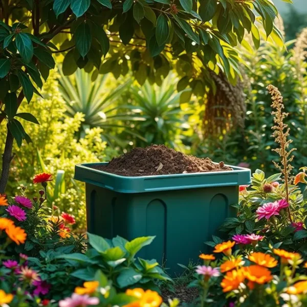 Cenário com compostagem em um jardim saudável e sustentável.