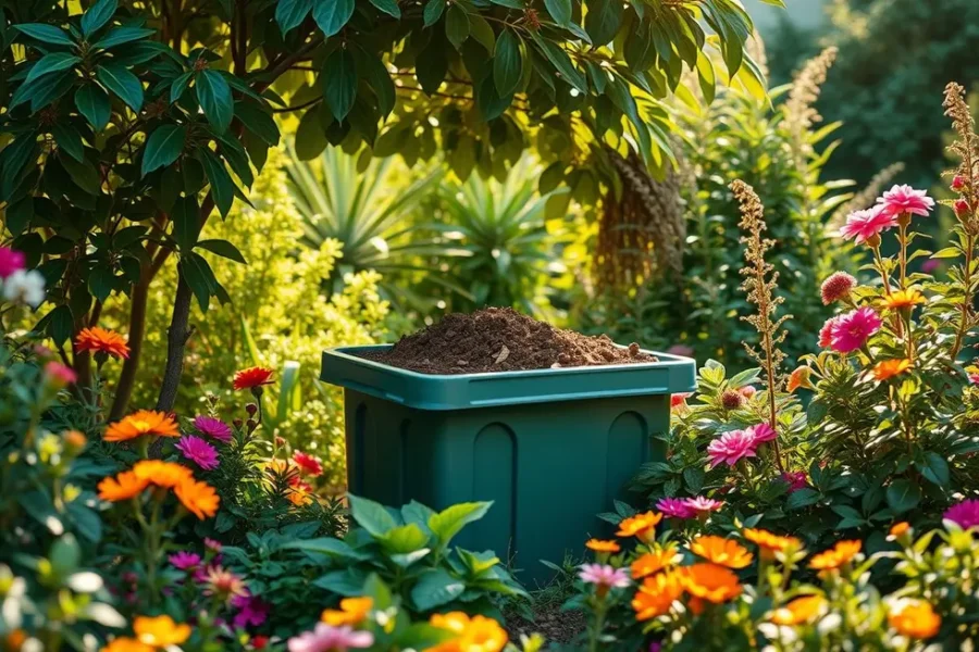Cenário com compostagem em um jardim saudável e sustentável.
