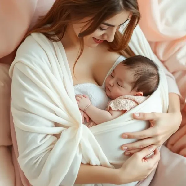 Mãe e bebê em momento de amamentação com conchas de amamentação.