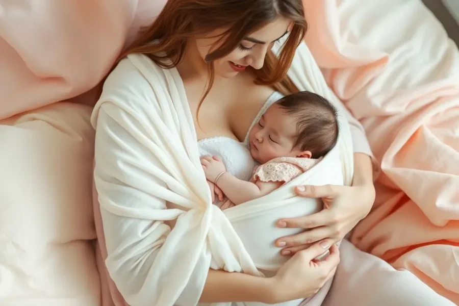Mãe e bebê em momento de amamentação com conchas de amamentação.