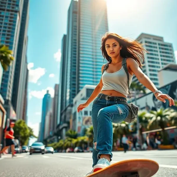 Mulher confiante praticando skate nas ruas de São Paulo.